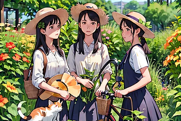 Three Girls, (A calico cat wanders around:1.2)、(Pushing a bicycle:1.2)、Black Hair, Short Hair、Long Hair, Hair Ties, Hairbands, Hair accessories, Straw hat、Shorts, skirt、Dappled sunlight、Outdoor, nature, wood々、 (Trumpet Creeper Flower:1.2)、grassland、country...