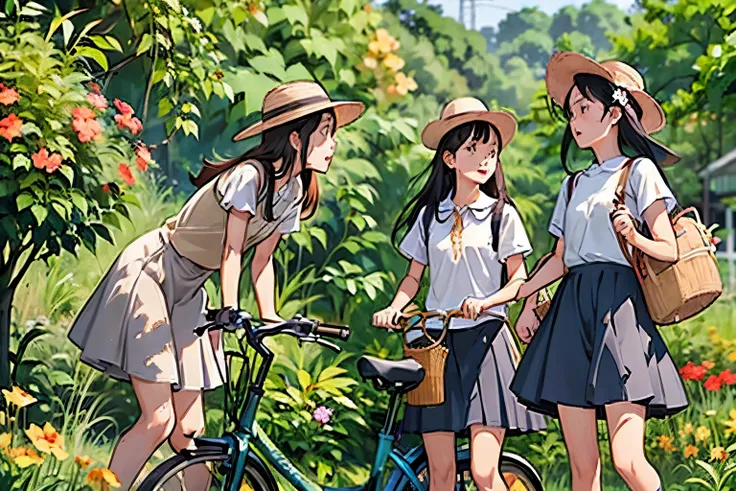 Three Girls, (A calico cat wanders around:1.2)、(Pushing a bicycle:1.2)、Black Hair, Short Hair、Long Hair, Hair Ties, Hairbands, Hair accessories, Straw hat、Shorts, skirt、Dappled sunlight、Outdoor, nature, wood々、 (Trumpet Creeper Flower:1.2)、grassland、country...