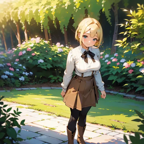 (high quality, High resolution, Very detailed, reality:1.37), Peaceful atmosphere, (Outdoor, garden), Teenage girl standing alone, (My breasts are large.), Beautiful details, Cute Smile, (Blonde Bob Hair), Ribbed sweater,Brown skirt, Black tights, Brown bo...