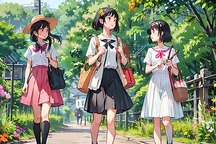 Three Girls, (A calico cat wanders around:1.2)、(Pushing a bicycle:1.2)、Black Hair, Short Hair、Long Hair, Hair Ties, Hairbands, Hair accessories, Straw hat、Shorts, skirt、Dappled sunlight、Outdoor, nature, wood々、 (Trumpet Creeper Flower:1.2)、grassland、country...