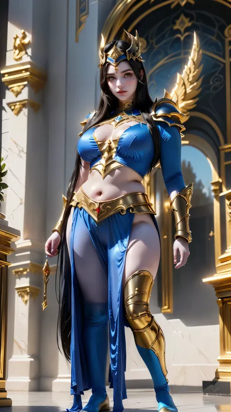 chubby woman in a blue and gold outfit standing in front of a building, ornate cosplay, cinematic goddess body, elegant cosplay glamouroso, cosplay glamouroso, impressive armor, stunning goddess giant shot, samira de League of Legends, Kitana from Mortal K...