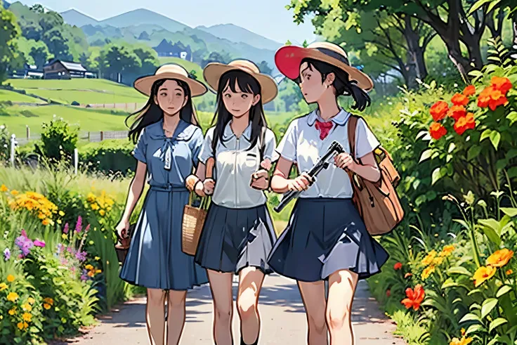 Three Girls, (A calico cat wanders around:1.2)、(Pushing a bicycle:1.2)、Black Hair, Short Hair、Long Hair, Hair Ties, Hairbands, Hair accessories, Straw hat、Shorts, skirt、Dappled sunlight、Outdoor, nature, wood々、 (Trumpet Creeper Flower:1.2)、grassland、country...