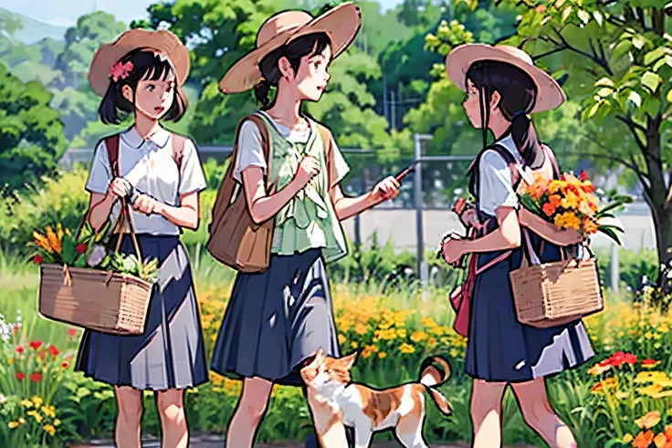 Three Girls, (A calico cat wanders around:1.2)、(Pushing a bicycle:1.2)、Black Hair, Short Hair、Long Hair, Hair Ties, Hairbands, Hair accessories, Straw hat、Shorts, skirt、Dappled sunlight、Outdoor, nature, wood々、 (Trumpet Creeper Flower:1.2)、grassland、country...