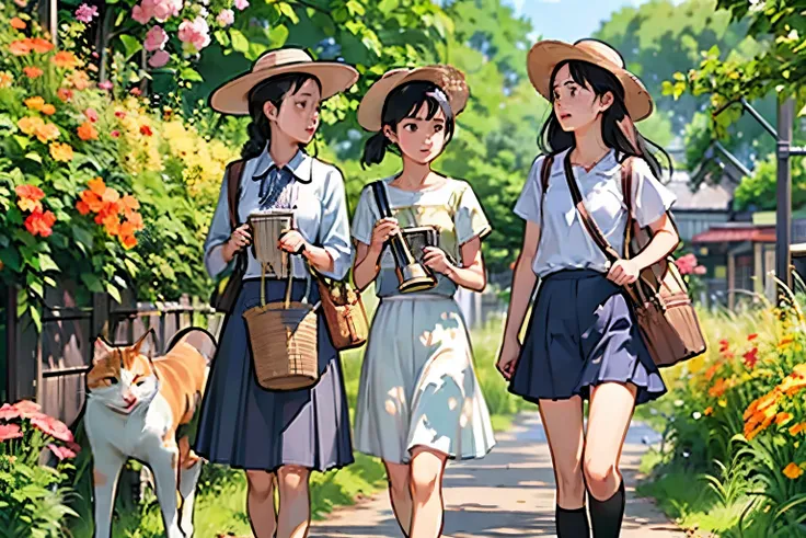 Three Girls, (A calico cat wanders around:1.2)、(Pushing a bicycle:1.2)、Black Hair, Short Hair、Long Hair, Hair Ties, Hairbands, Hair accessories, Straw hat、Shorts, skirt、Dappled sunlight、Outdoor, nature, wood々、 (Trumpet Creeper Flower:1.2)、grassland、country...