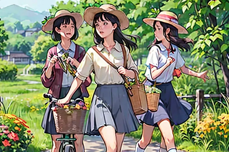 Three Girls, (A calico cat wanders around:1.2)、(Pushing a bicycle:1.2)、Black Hair, Short Hair、Long Hair, Hair Ties, Hairbands, Hair accessories, Straw hat、Shorts, skirt、Dappled sunlight、Outdoor, nature, wood々、 (Trumpet Creeper Flower:1.2)、grassland、country...