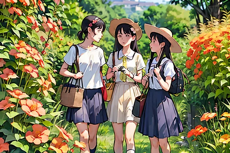 Three Girls, (A calico cat wanders around:1.2)、(Pushing a bicycle:1.2)、Black Hair, Short Hair、Long Hair, Hair Ties, Hairbands, Hair accessories, Straw hat、Shorts, skirt、Dappled sunlight、Outdoor, nature, wood々、 (Trumpet Creeper Flower:1.2)、grassland、country...