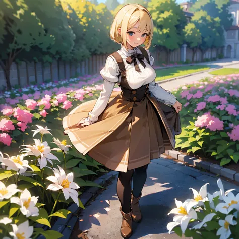 (high quality, High resolution, Very detailed, reality:1.37), Peaceful atmosphere, (Outdoor, garden), Teenage girl standing alone, (My breasts are large.), Beautiful details, Cute Smile, (Blonde Bob Hair), Ribbed sweater,Brown skirt, Black tights, Brown bo...