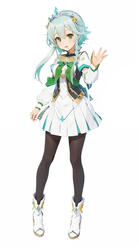 lucia from isekai wa smartphone to tomo ni, in another wolrd whit my smartphone, anime girl in white dress with green and black hair, official character art, official art, aqua from konosuba, art style of rune factory 5, best anime character design, wataru...