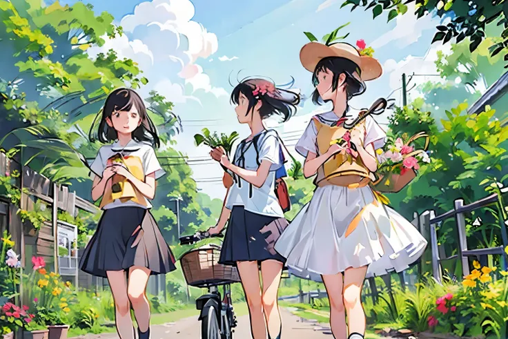 Three Girls, (A calico cat wanders around:1.2)、(Pushing a bicycle:1.2)、Black Hair, Short Hair、Long Hair, Hair Ties, Hairbands, Hair accessories, Straw hat、Shorts, skirt、Dappled sunlight、Outdoor, nature, wood々、 (Trumpet Creeper Flower:1.2)、grassland、country...