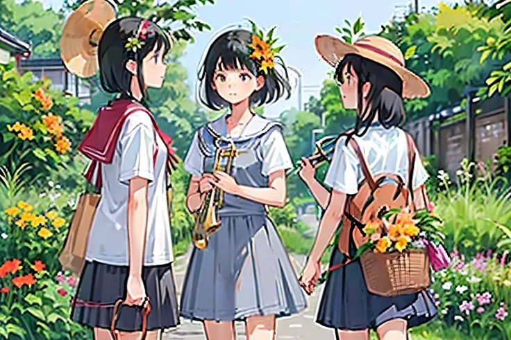 Three Girls, (A calico cat wanders around:1.2)、(Pushing a bicycle:1.2)、Black Hair, Short Hair、Long Hair, Hair Ties, Hairbands, Hair accessories, Straw hat、Shorts, skirt、Dappled sunlight、Outdoor, nature, wood々、 (Trumpet Creeper Flower:1.2)、grassland、country...