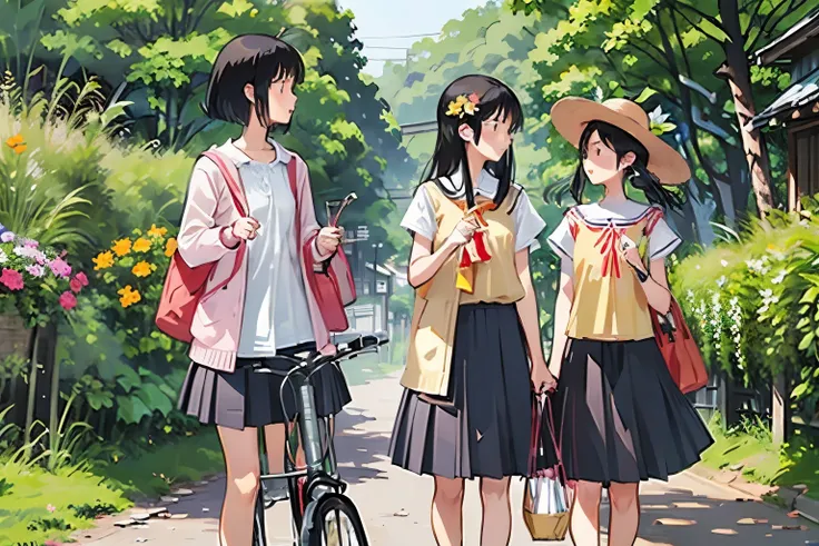 Three Girls, (A calico cat wanders around:1.2)、(Pushing a bicycle:1.2)、Black Hair, Short Hair、Long Hair, Hair Ties, Hairbands, Hair accessories, Straw hat、Shorts, skirt、Dappled sunlight、Outdoor, nature, wood々、 (Trumpet Creeper Flower:1.2)、grassland、country...