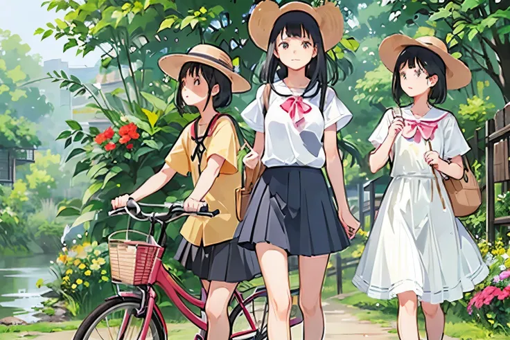 Three Girls, (A calico cat wanders around:1.2)、(Pushing a bicycle:1.2)、Black Hair, Short Hair、Long Hair, Hair Ties, Hairbands, Hair accessories, Straw hat、Shorts, skirt、Dappled sunlight、Outdoor, nature, wood々、 (Trumpet Creeper Flower:1.2)、grassland、country...