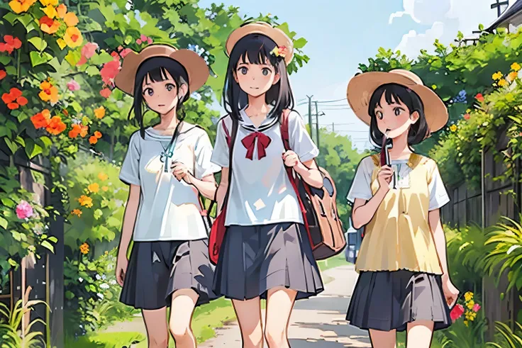 Three Girls, (A calico cat wanders around:1.2)、(Pushing a bicycle:1.2)、Black Hair, Short Hair、Long Hair, Hair Ties, Hairbands, Hair accessories, Straw hat、Shorts, skirt、Dappled sunlight、Outdoor, nature, wood々、 (Trumpet Creeper Flower:1.2)、grassland、country...
