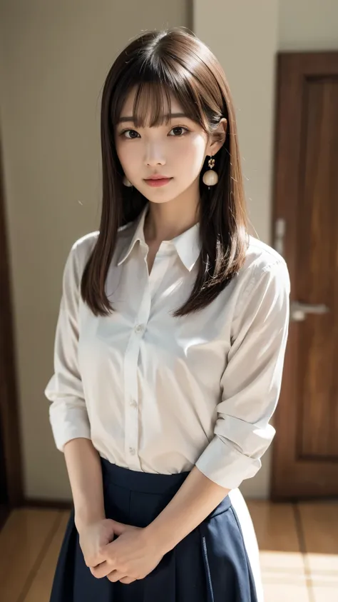 Japanese woman standing with her hands behind her back、1 person、Perfect beauty、Full body portrait、Small face、Medium build、Model-like proportions、Wearing a shirt、Wearing a skirt、, light brown hair, crossed bangs, straight hair, floating hair, expressive hai...