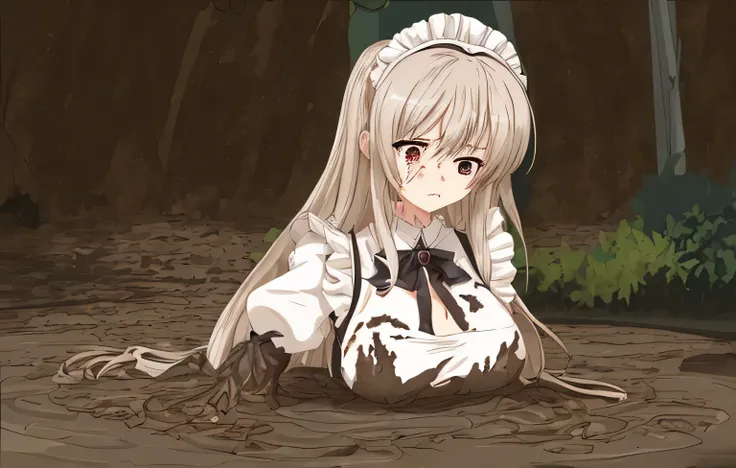 best quality,ultra-detailed illustration anime style,1girl,maid outfit,sinking in brown mud,her body sank to her Breasts white long hair,determined expression,intense eyes,dynamic angle, her chest bigsize 4K resolution,muddytexture,muddy splashes,dramatic ...