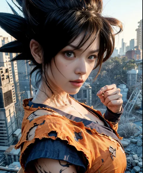 8k, photorealistic、realistic skin texture、pore expression、beautiful japanese women、a female version of son goku from dragon ball...