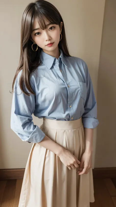Japanese woman standing with her hands behind her back、1 person、Perfect beauty、Full body portrait、Small face、Medium build、Model-like proportions、Wearing a shirt、Wearing a skirt、, light brown hair, crossed bangs, straight hair, floating hair, expressive hai...