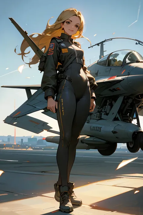 Blonde Jordana Brewster in pilot uniform , fighter jet in background , bullets on the ground , full body , smiling , best quality , masterpiece , 8k , best illustration,amazing sapraizz, dynamic production, cinematic lighting, extremely fine and beautiful ...