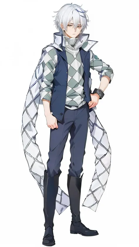 ende from isekai wa smartphone to tomo ni, in another wolrd whit my smartphone, a anime drawing of a man with white hair and a plaid shirt, kentaro miura style, fullbody shot, !!full body portrait!!, single character full body, full body concept, shuushuu ...