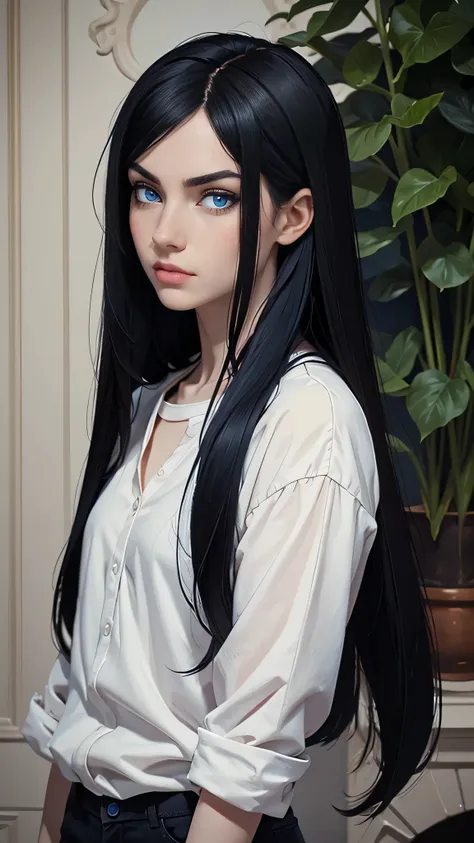 Masterpiece, The best quality:1.4), Solo portrait, European, Blue eyes, black hair, long black hair, horsetail, pale skin, casual clothes, serious eyes, 