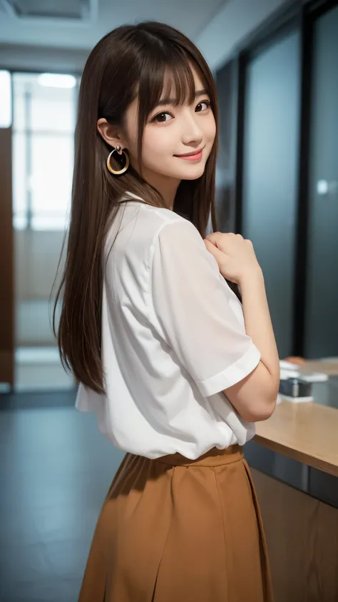 Japanese woman standing with her hands behind her back:1.5、1 person、Perfect beauty、university student、Full body portrait、Small face、Medium build、Model-like proportions、Wearing a shirt、Wearing a skirt、Bright interior、, light brown hair, crossed bangs, strai...