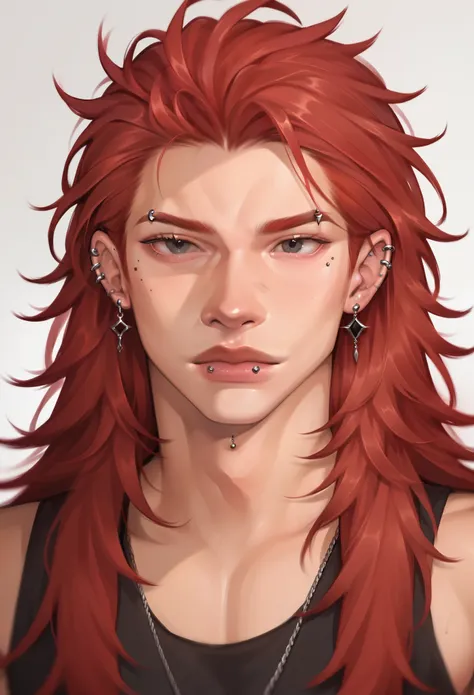 focus on bust and face, boy, long hair, piercings , red hair, black eyes