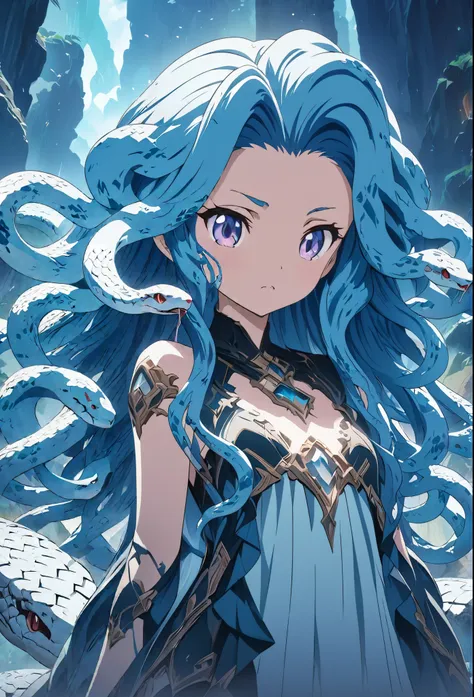 (masterpiece:1.2), (best quality:1.2), ultra-high resolution, very detailed, medusa girl, (snake hair:1.5),blue hair,otherworldl...