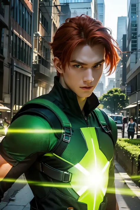 redhead man, Beautiful face, young body, Super powers(greens), city background