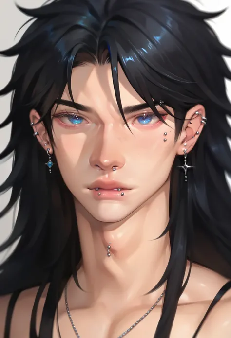 focus on bust and face, boy, long hair, piercings , black hair, blue eyes 