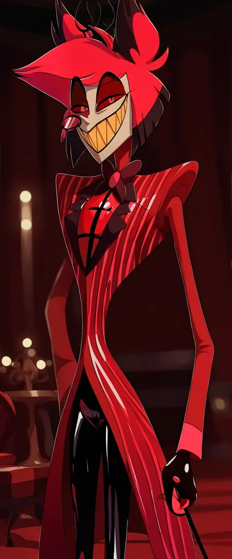 alastor (hazbin hotel), radio demon, extremely sharp toothed grin, (((((dark red formal (((shiny latex suit))) with pinstripes))...