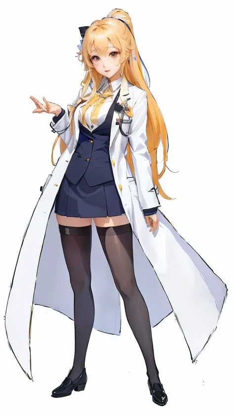 regina babylon from isekai wa smartphone to tomo ni, in another wolrd whit my smartphone, a anime woman in a white coat and black stockings is posing, gran escote, anime girl named lucy, marisa kirisame, blonde anime girl with long hair, with a lab coat, j...