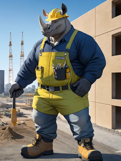 Representación fotorrealista de un rinoceronte delgado y trabajador vestido con un construction worker uniform. The rhinoceros must have one horn, appear with helmet, overalls, and a tool belt and work boots, ready for a day of construction work. The build...