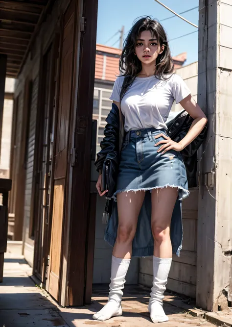 Comic book style images, Images of a city in conflict, A long shot of a young, unattractive Latino woman standing, Wearing worn out, dusty clothes, white muddy socks, bare feet, masterpiece, High resolution, Masterpiece