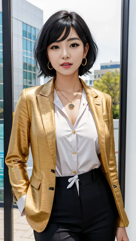 RAW Photo High Resolution, Very detailed, Intricate details, 、ear piercing、、Short Hair、Jet Black Hair、Office Lady Suits 、jacket、shirt、Heavy makeup、Necklace on neck、, The background is the office
