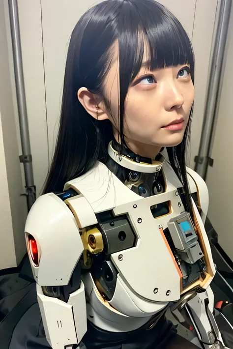 masterpiece, best quality, extremely detailed, Japaese Cyborg girl,Plump , control panels,android,Droid,Mechanical Hand, Robot arms and legs, Black Robot Parts,Black hair,Mechanical body,Blunt bangs,White robotics parts,perfect robot girl,long tube,thick ...