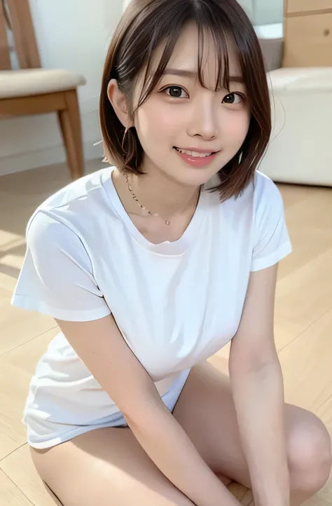 a young woman wearing a white T-shirt, sitting cross-legged on the floor. She has her elbows resting on her knees, with her chin propped up by her hands. The woman is looking directly at the viewer, smiling brightly with a cheerful and radiant expression. ...