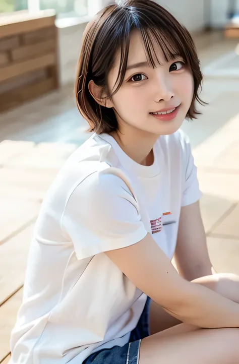 a young woman wearing a white T-shirt, sitting cross-legged on the floor. She has her elbows resting on her knees, with her chin propped up by her hands. The woman is looking directly at the viewer, smiling brightly with a cheerful and radiant expression. ...