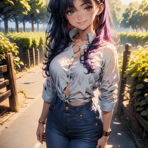 4k, HDR, full HD, Masterpiece, 1girl, solo, long purple hair, perfect anatomy, full body, denim shirt with knot at the waist, shirt with checkered design between blue and pink, jeans, walks between the fence wood, in the background you can see a corn crop,...