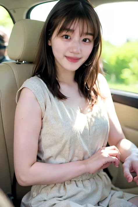 a woman sits in the passenger seat of a car...., japanese model, young and sexy gravure idol, genuine young gravure idol, surrea...