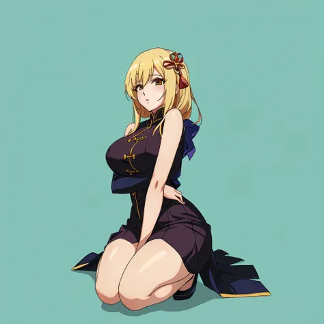 blonde hair, cabelos loiros, anime girl sitting on the ground with her legs crossed, roupa de seda vermelha, roupas vermelhas, tecido transparente, sensual, seductive anime girl, beautiful anime girl squatting, (anime girl), the anime girl is crouching, ((...