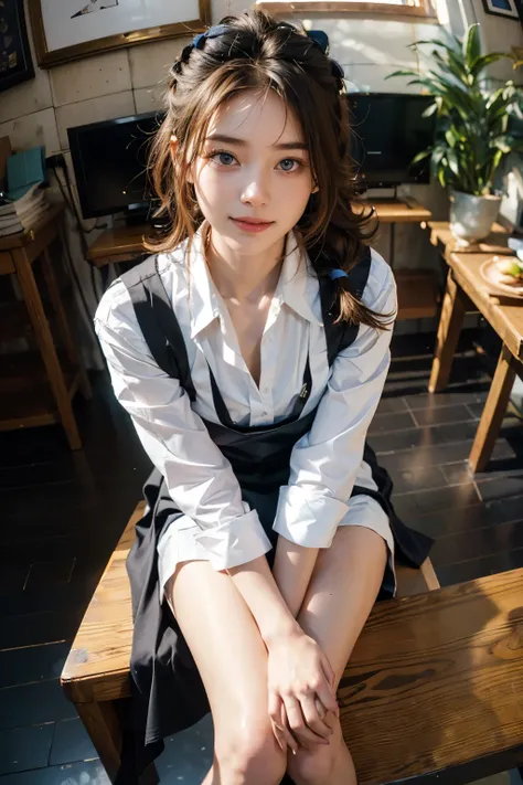 Best Quality, masterpiece ultra high resolution 8k,((Portrait of a person sitting with legs together:1.4)), (Realistic:1.6), ((blue eyes)),((A radiant smile)), RAW Photos,((Realisticな美肌)),((UNIQLO,Black open collar shirt with black apron:1.4)),((Soft looki...