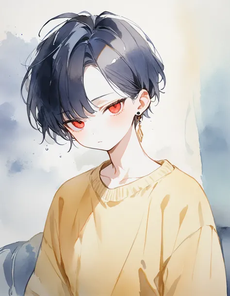 1 boy,[(black hair:1.2):(blue hair:1.2):0.5],(very short hair),(center part),red eyes,albino,sleepy,from front,looking viewer,tilt your head,cowboy shot, black shirts, yellow cardigan, black slacks,earrings,ear cuff,white Tone, watercolor , masterpiece,bes...