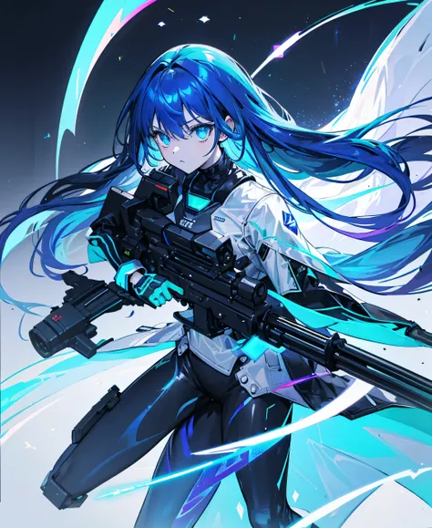 ((Holographic glow effect)),There is no background，girl，Carry a firearm，Patent leather tight suit，Use of firearms，Navy blue long hair，attention arousal，Blue colored eyes,No gradients