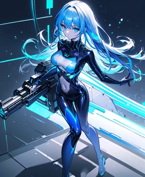 ((Holographic glow effect)),There is no background，girl，Carry a firearm，Patent leather tight suit，Use of firearms，Navy blue long hair，attention arousal，Blue colored eyes,No gradients,covered navel,covered back