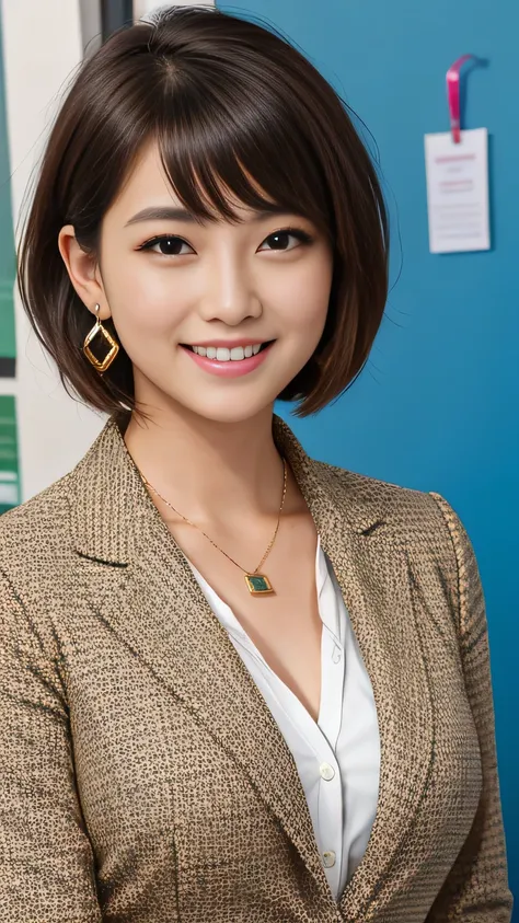 raw photo high resolution, very detailed, intricate details, 、ear piercing、、short hair、dark brown hair、office lady suits 、smile、...