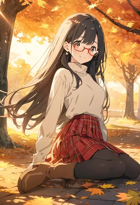 1girl, , brown eyes are shining and cute, black hair, long hair, extremely detailed neat hair,Straight hair, tareme, ((red-rimless eyewear:1.2)), star earrings, medium breasts, smile, blushful,

BREAK
 ((black tights)),

BREAK
white turtleneck sweater, red...