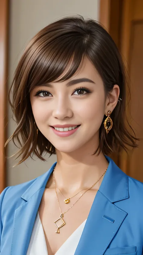 RAW Photo High Resolution, Very detailed, Intricate details, 、ear piercing、、Short Hair、Brown hair almost black、Office Lady Suits 、smile、jacket、shirt、Heavy makeup、Necklace on neck、, The background is the office
