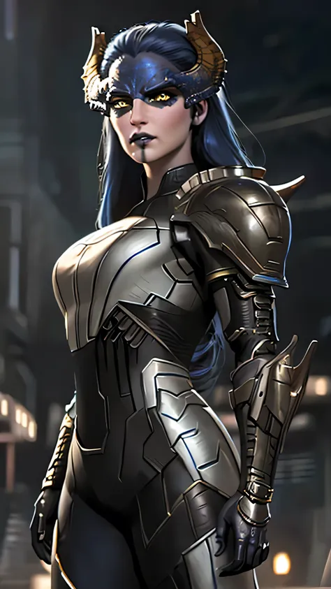 proxima, long hair, blue hair, yellow eyes, colored skin, horns, lipstick, makeup, armor, (insanely detailed, beautiful detailed...