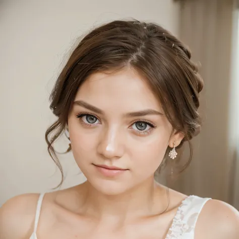 Half-body photograph of young woman in white wedding dress The backdrop is a hotel bedroom. Shot with a 50mm f/1.2 fixed lens. The details of the eyes and hair are realistic.