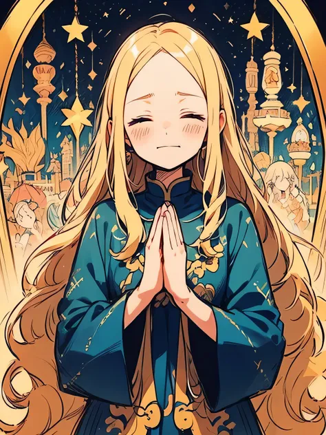 solo,upperbody,blonde hair,big forehead,(closed eyes serious sad),praying own hands together,mercurius,star gods,aurora,merry-go...